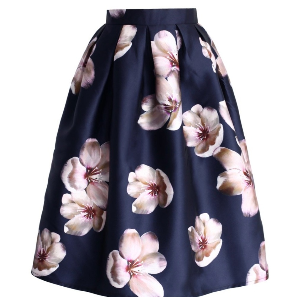Chicwish Peach Blossom Midi Skirt in Navy